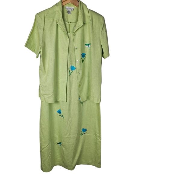 AKC VTG linen 2pc dress short sleeve jacket women's size L lime green dragon fly - Picture 1 of 16